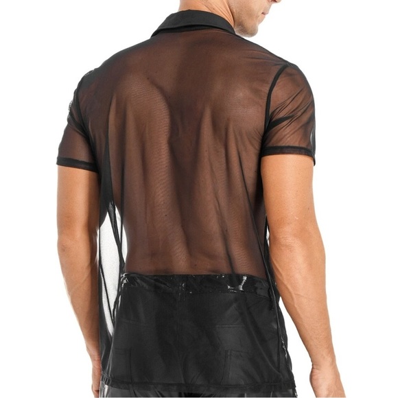 Mens See Through Mesh Shirt Short Sleeve Turn-Down Collar Button Sheer Top - Picture 5 of 7